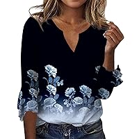 Women's Tops 3/4 Length Sleeves Fashion Top Casual V-Neck Printed Blouses Bell Sleeve T Shirt Tees, S-3XL