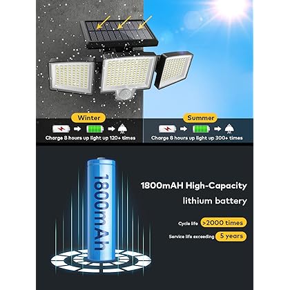 Atronor Solar Wall Security Flood Lights, 265 LED 2800LM with Motion Senor, Outdoor, Remote Control, 3 Lighting Modes, 3 Heads, 270° Wide, IP65 Waterproof, 2 Packs