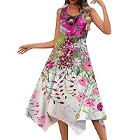 Summer Beach Dresses for Women 2024 Casual Round Neck Sleeveless Floral Print Irregular Hem Midi Dress