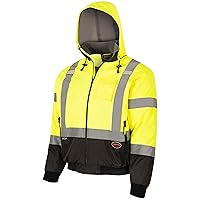 Pioneer High Vis Safety Bomber Jacket For Men – Waterproof Reflective Rain Gear – Class 3 – Detachable Hood – Yellow/Black