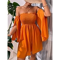Women's Dresses Off Shoulder Shirred Frill Trim Split Sleeve Dress Dress for Women (Color : Orange, Size : X-Small)