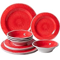 12 Pcs Melamine Dinnerware Set, Red Dishes Set of 4 with Dinner, Salad Plates and Bowls, Lightweight Dinnerware Set Great for Outdoor, RV, Camper or Christmas, Dishwasher Safe