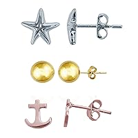 Sterling Silver Rhodium Polished Starfish, Yellow Ball & Rose Anchor Stud Earring Set