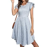 YATHON Casual Dress for Women Summer Round Neck Ruffle Cap Sleeveless Swing A Line Floral High Low Hem Sundresses with Pocket