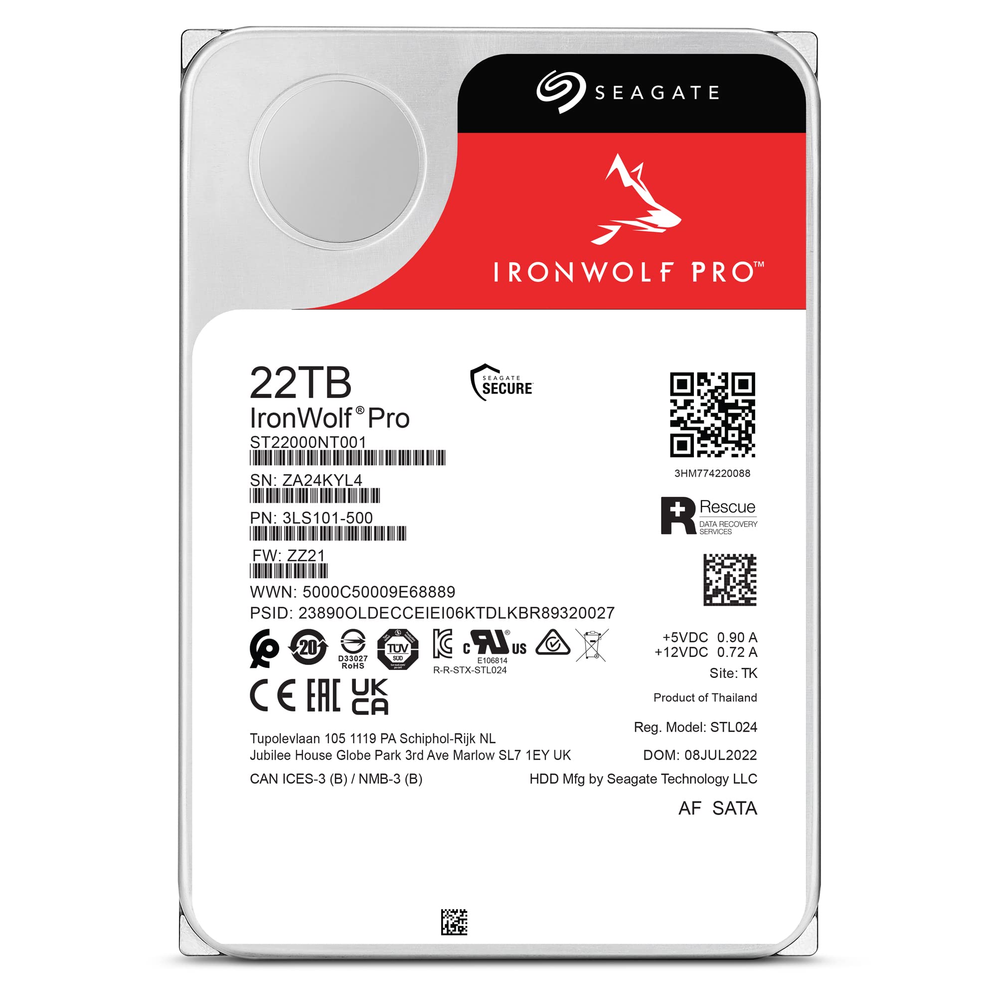 Seagate IronWolf Pro 22TB Enterprise NAS Internal HDD Hard Drive – CMR 3.5 Inch SATA 6Gb/s 7200 RPM 256MB Cache for RAID Network Attached Storage, Rescue Services (ST22000NT001)