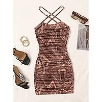 Women Dresses Marble Print Crisscross Tie Backless Ruched Bodycon Dress (Color : Multicolor, Size : Small)