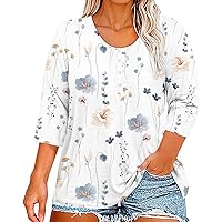 Shirts for Women 3/4 Sleeve Womens Tops Floral Print Henley Casual Dressy Button Down Loose Fit Summer Blouses