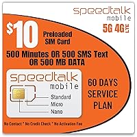 SpeedTalk Mobile SIM Card Kit for Smart Phones & Cellphones | $10 Prepaid Plan - 500 SMS Texts OR 500 Minutes OR 500 MB 5G 4G LTE Data | 3-in-1 Standard Micro Nano size | 60 Days USA Wireless Coverage
