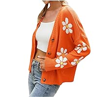 Women Open Front Button Down Sweater V Neck Knit Daisy Cardigan Cute Floral Printed Knitwear Top Y2k Aesthetic Clothes