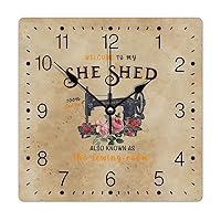 PVC Clock Welcome to My She Shed Hanging Clock Sewing Machine Red Flower 12in Sewing Studio Square Silent Non-Ticking Vintage Frameless Clocks for Living Room Kitchen Office Home Bedroom