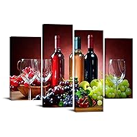 KREATIVE ARTS 4 Panel Kitchen Wall Decor Still Life with Glaasses of Red and White Wine and Grapes in Field Canvas Art Prints Giclee Framed Ready to Hang for Dinning Room 48x33inch