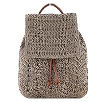 Women Medium Straw Handmade Woven Backpack Flap Drawstring Shoulders Bag Beach Daypack