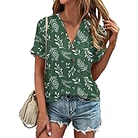Women's Short Sleeve Button Down Shirts, Fashion Loose Plain V Neck Casual Tops Boutique for Women Trendy, S XXL