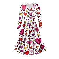 Women's Valentine's Day Printed Dress, Casual Cute Heart Printed Long Sleeve V-Neck Sexy Dresses