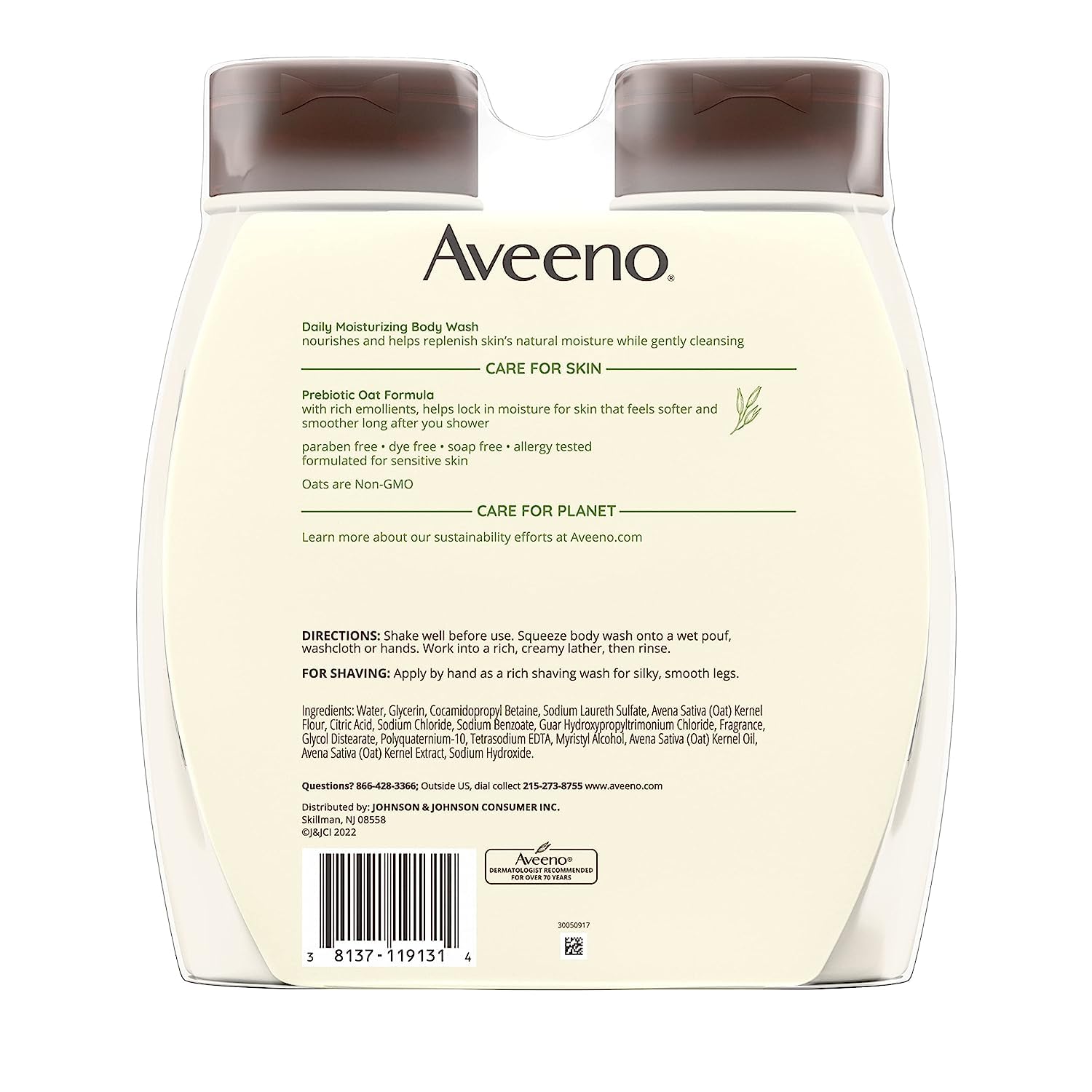 Aveeno Daily Moisturizing Body Wash for Dry & Sensitive Skin with Prebiotic Oat, Hydrating Oat Body Wash Nourishes Dry Skin & Gently Cleanses, Light Fragrance, Sulfate-Free, 18 fl. oz, Pack of 2