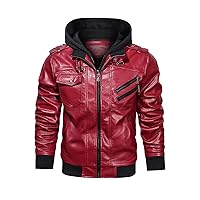 Men’s Casual Stand Collar PU Faux Leather Zip-Up Motorcycle Bomber Jacket With a Removable Hood