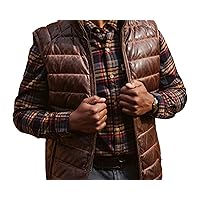 Distressed Leather Puffer Vest Mens Real Lamb Skin Quilted Down Jacket