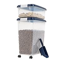 USA 3-Piece 54 Lbs / 60 Qt WeatherPro Airtight Pet Food Storage Container Combo with Scoop and Treat Box for Dog Cat and Bird Food, Stackable, Keep Fresh, Translucent Body, BPA Free, Navy