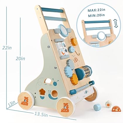 PairPear Wooden Baby Walker, Toddler Push Walker Activity Center Toys with Shape Sorter Gift for Boys Girls 1 2 3 Year Old