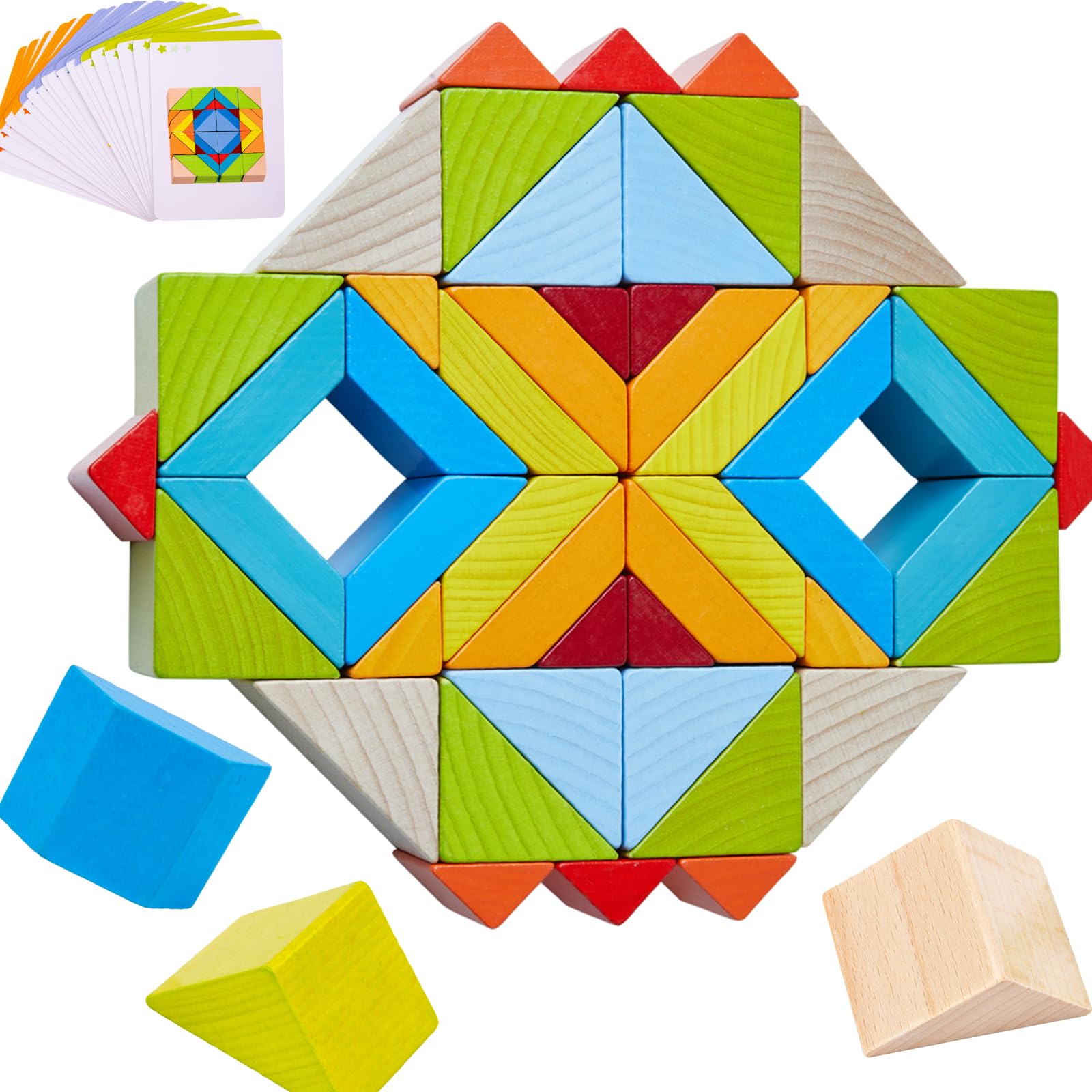 YLTTZH 48 Pcs/Set Large Wooden Blocks Toys for Toddlers Babies Age 3-8,Toddlers Wood Blocks Toys for Babies,Wooden Rainbow Stacking Blocks,Wood Building Blocks Set,Shape Puzzles,Pattern Blocks