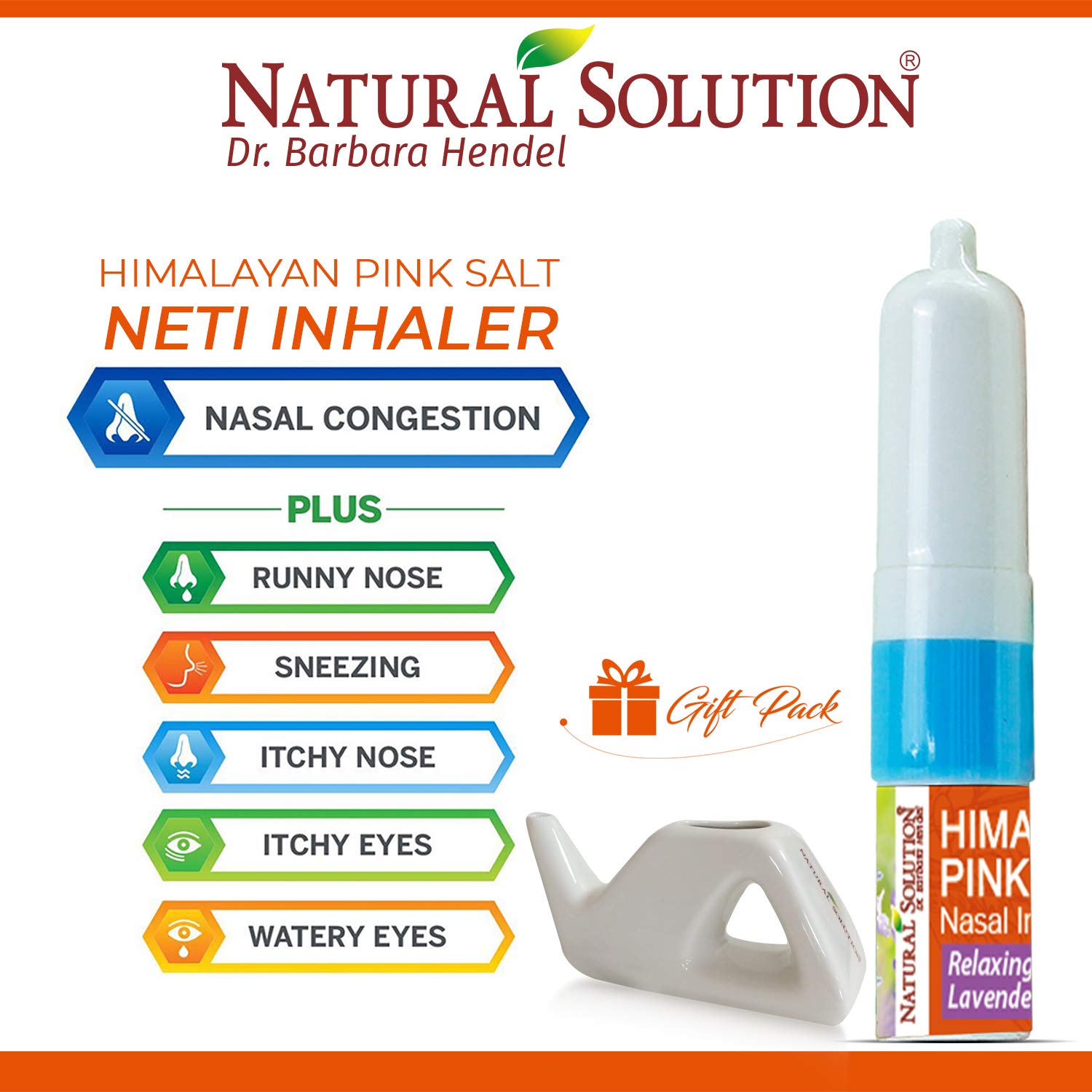 Natural Solution Himalayan Pink Salt Ceramic Neti Pot Sinus Rinse with Pink Salt Nasal Inhaler, Refreshing and Relaxing Sinus Pressure Relief (Gift Set 2 Pieces)