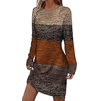 Women's Spring and Autumn Casual Dress Geometric Print Round Neck Long Sleeve Comfy Dress Pocket Vintage Midi Dresses