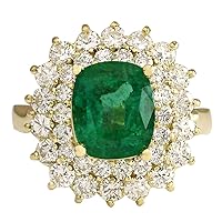 4.39 Carat Natural Green Emerald and Diamond (F-G Color, VS1-VS2 Clarity) 14K Yellow Gold Luxury Engagement Ring for Women Exclusively Handcrafted in USA