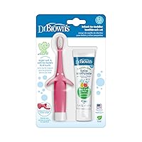 Dr. Brown's Infant-to-Toddler Training Toothbrush Set, Pink Elephant with Fluoride-Free Apple Pear Baby Toothpaste, 0-3 years (Colors May Vary)