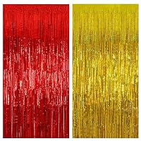 Sparkle Red Gold Aluminum Foil Tassel Curtain, 3.28 ft x 6.56 ft Birthday Wedding Party Photo Booth Background Decoration (Shiny Red Gold, 2 Pack)