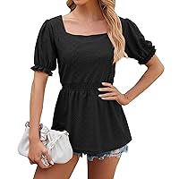 Women's Sexy Tops Fashion Solid Color Square Neck Short Sleeve Waist Tie T-Shirt Top Tops, S-2XL