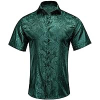 Hi-Tie Men's Dark Green Paisley Dress Shirt Solid Jacquard Silk Casual Hawaiian Button Down Shirts Short Sleeve Shirt(X-Large)