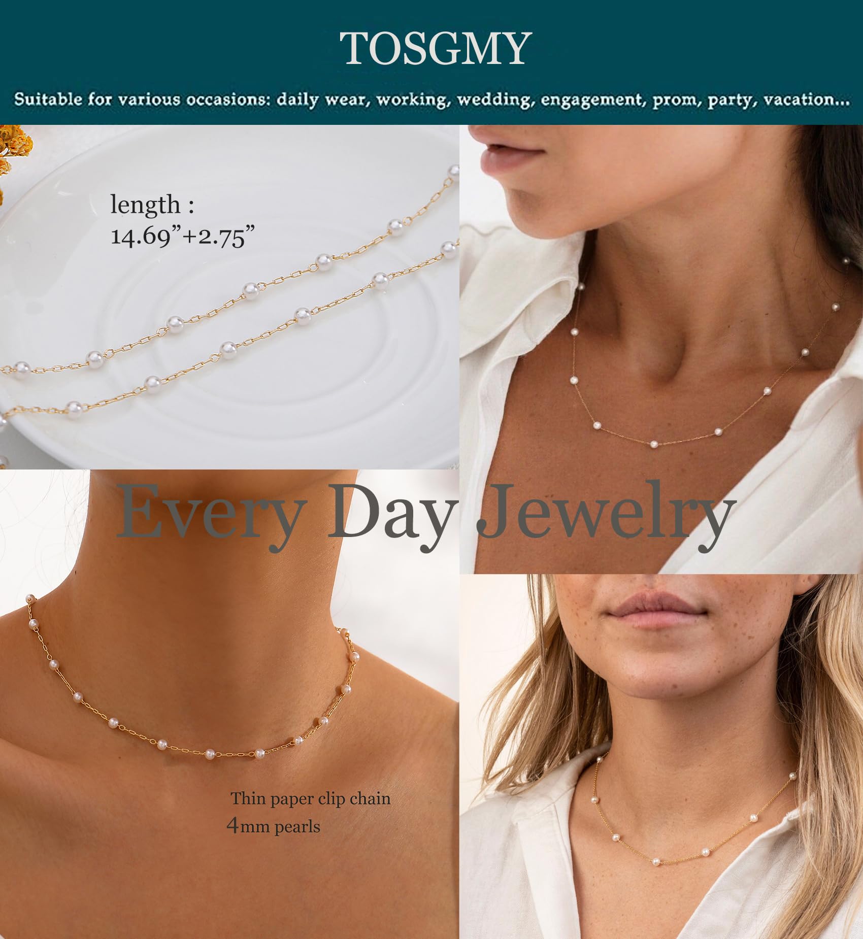 TOSGMY Pearl Necklaces For Women,14K Gold Plated Pearl Choker Dainty Gold Necklace Handmade Faux Pearl Necklace Trendy Pearls Necklace For Women Girls Simple Wedding Prom Bridal Pearls Jewelry
