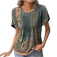 Women Cut Out Cuffed Short Sleeve Vintage Floral Tops Plus Size Summer Crewneck Fashion Casual Loose Fit T-Shirts