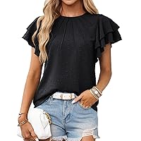 JASAMBAC Women Dressy Casual Tops Crew Neck Ruffle Short Sleeve Blouses Swiss Dot Pleated Business Work Shirts Summer Outfits