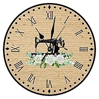 Flower Sewing Machine Wall Clock Sewing Forever Hanging Clock 12inch Bright Silent Non-Ticking Battery Operated Home Wooden Clock for Living Room Home Bedroom Craft Room Decor