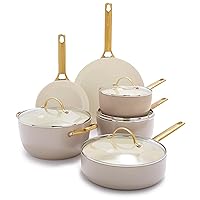 GreenPan Reserve Hard Anodized Healthy Ceramic Nonstick 10 Piece Cookware Pots and Pans Set, Gold Handle, PFAS-Free, Dishwasher Safe, Oven Safe, Taupe Brown