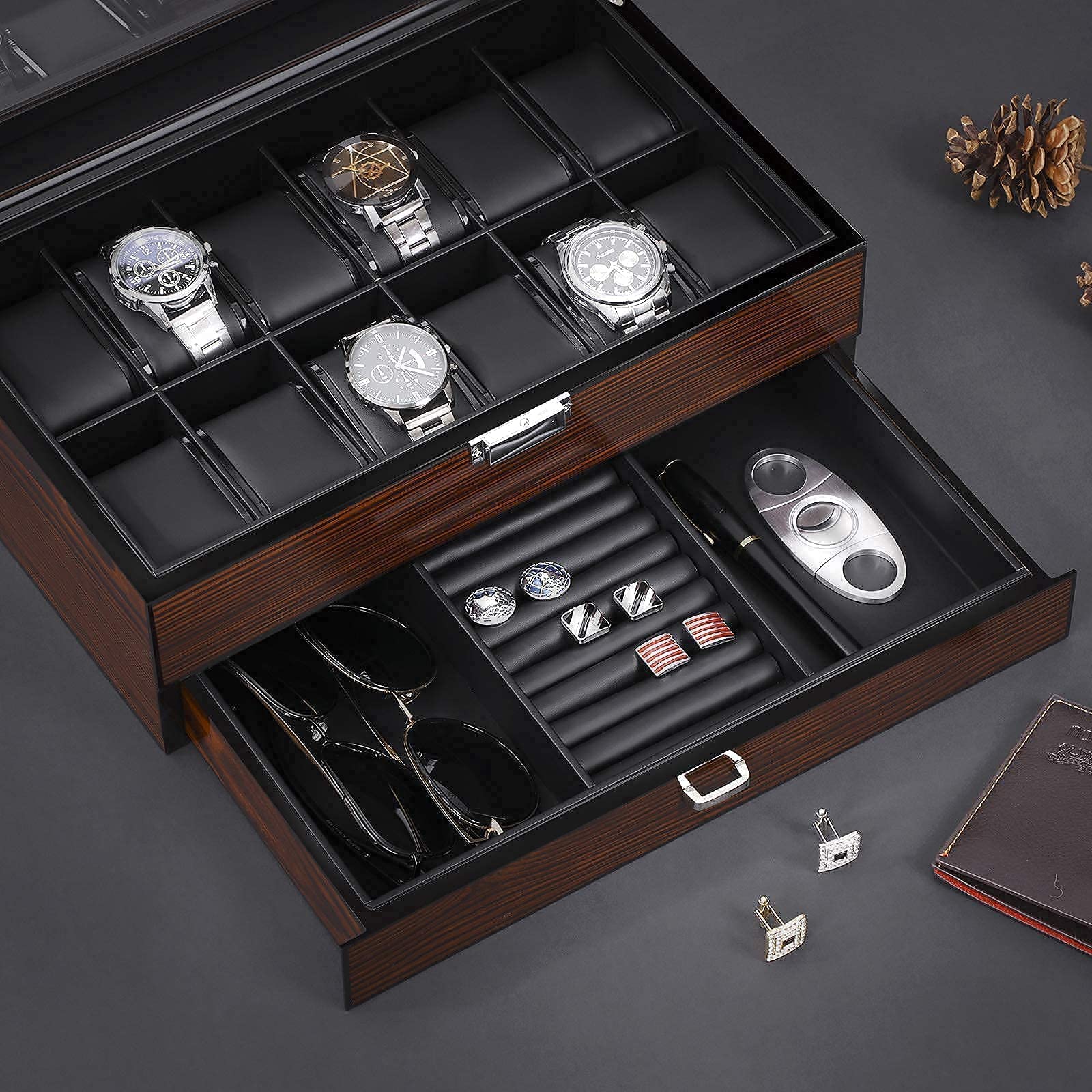 BEWISHOME 12 Watch Box with Valet Drawer & 6 Watch Case and 3 Slots Sunglasses Box for Men Bundle