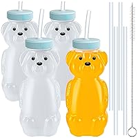 4 PCS Honey Bear Straw Cup, Baby Straw Cups with 8 Flexible Straws and 1 Straw Brushes, 8oz Special Supplies Juice Bear Bottle for Infant Feeding, Drinking Needs of Those with Poor Oral Health (Blue)