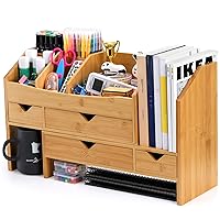 Lawei Bamboo Desk Organizer with Adjustable File Holder, Mini Desk Drawer Tabletop Organization Box with 4 Drawers for Makeup, Letter, Pens, Home Office Supplies, Vanity, 3 Layer, Fully Assembled