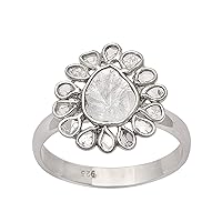 2.50 CTW Edwardian Designer Floral Diamond Polki platinum plated Ring, 925 Sterling Silver |