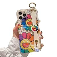 for iPhone 13 Pro Max Case Cute with Wrist Strap Kickstand Glitter Bling Cartoon IMD Soft TPU Shockproof Protective Cases Cover for Girls and Women - Sunflower