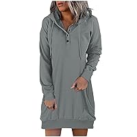 Women Button Collar Hoodie Dress Casual Hooded Pullover Sweatshirt Dress Solid Lightweight Long Hoodies with Pocket