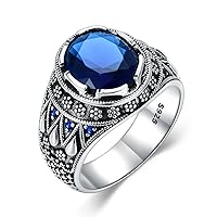 Silver Blue Sapphire Ring for Men S925 Sterling Silver Oxidized Ottoman Men's Ring Handmade Elegant Personalized Gemstone Ring for Men Boy Husband Father US Size 4 to 16