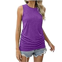 Womens Ruched Tank Tops Comfy Crewneck Sleeveless Shirts Dressy Casual Spring Summer Solid Loungewear Blouses