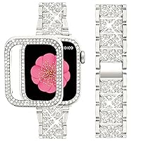 SUPOIX Compatible with Apple Watch Band 45mm + Case, Women Jewelry Bling Diamond Metal Strap & 2 Pack Protective Cover Cases for iWatch Series 8/7(Starlight)