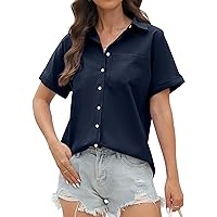 CUNLIN 100% Cotton Short Sleeve Shirts for Women Button Down Shirt Womens Blouses Casual Summer Tops with Pockets