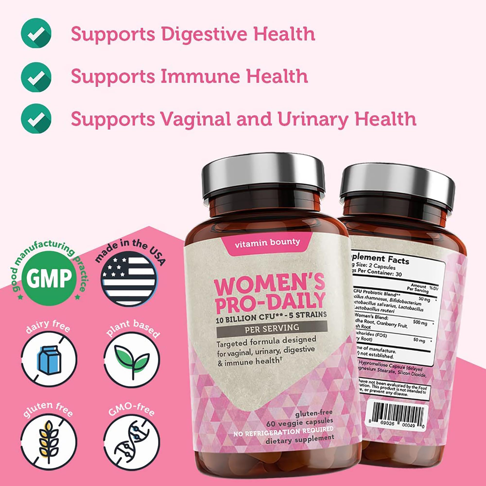 Vitamin Bounty Women's Pro Daily - Vaginal Probiotic & Prebiotic & pH Balance, Probiotics for Women, 10 Billion CFUs Per Serving with Cranberry, Gluten-Free - 60 Capsules