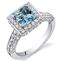 PEORA Swiss Blue Topaz Promise Ring in Sterling Silver Ring, Vintage Halo Design, Princess Cut, 5mm, 1.00 Carat total, Comfort Fit, Sizes 5 to 9