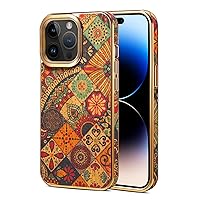 Solid Wood Case for iPhone 15 Pro Max,Bohemian Style Flower Language Plating Full Coverage Protection Bumper Cover Case