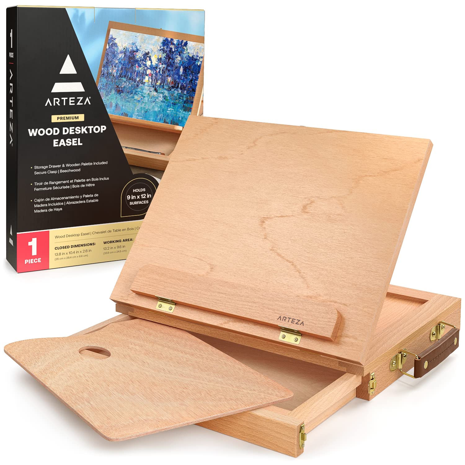 ARTEZA Tabletop Easel, 13.4 x 10.3 x 2 Inches, Portable Beechwood Easel Box with Single, Open-Compartment Drawer and Wooden Palette, Art Supplies Storage for Professional Artists and Hobby Painters
